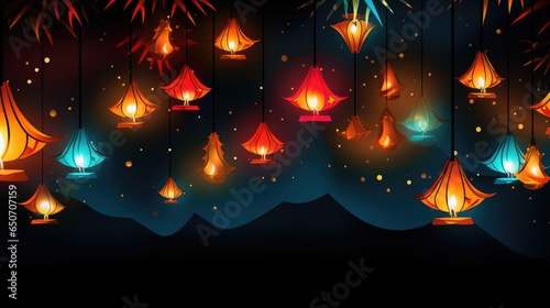 Lanterns background. Happy Diwali Festival of Lights. Group of lantern on Indian festive theme banner. Decorated Floating sky glowing lamp for holiday celebration of India greeting.. photo