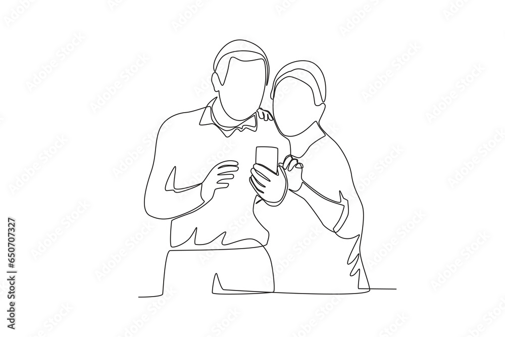 Single continuous line drawing a grandpa and grandma couple looking at mobile phone
Single continuous line drawing a grandpa and grandma couple looking at mobile phone
