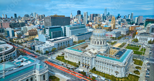 Photography Aerial of government buildings with focus on city hall and view of San Francisco