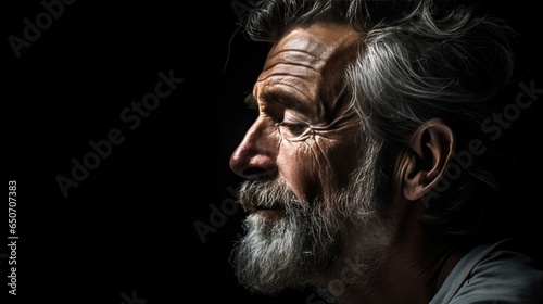 Serious old man dramatic portrait on dark background. Close up headshot of handsome thinking man with gray beard. Masculinity, movember, men’s day concept.
