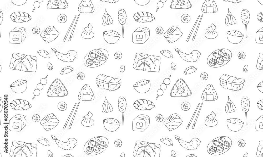 seamless pattern with different asian food.  Ramen, sushi, maki and fish.