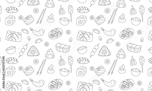 seamless pattern with different asian food.  Ramen  sushi  maki and fish.