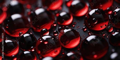 Red water drops on dark background, glass drops, close-up, background, wallpaper