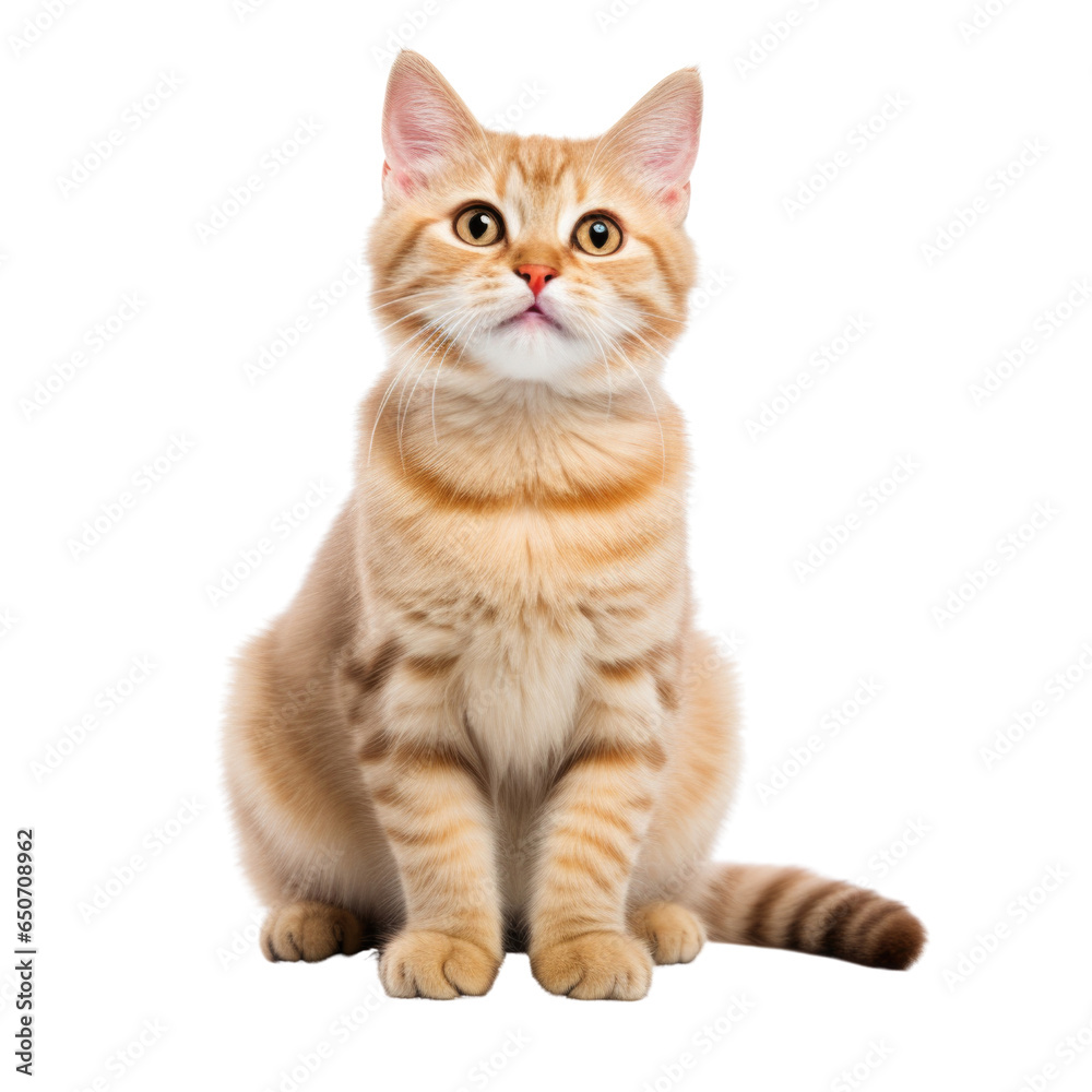 Beautiful ginger cat sitting down and looking at camera isolated on white background