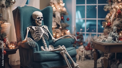 Skeleton sitting on a chair with Christmas lights, Generative AI