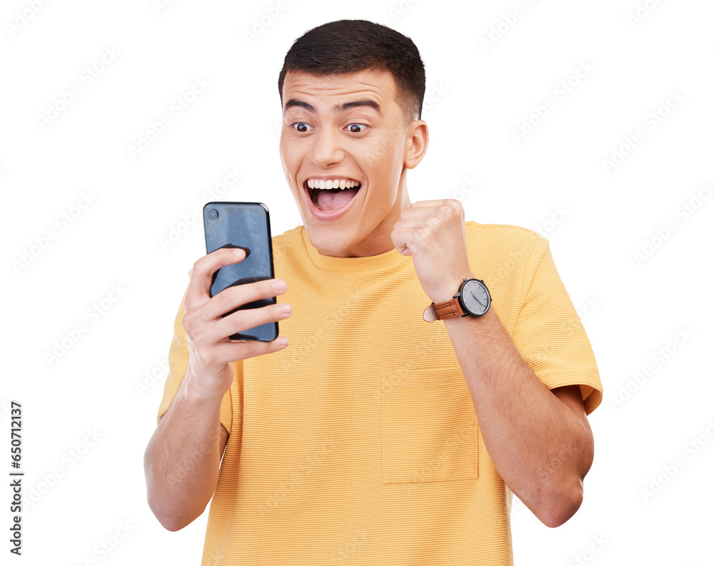 Man, student and winner for phone news, college results or online competition and success, yes or wow. Young person on mobile, education or learning achievement isolated on transparent png background Man, student and winner for phone news, college results or online competition and success, yes or wow. Young person on mobile, education or learning achievement isolated on transparent png background