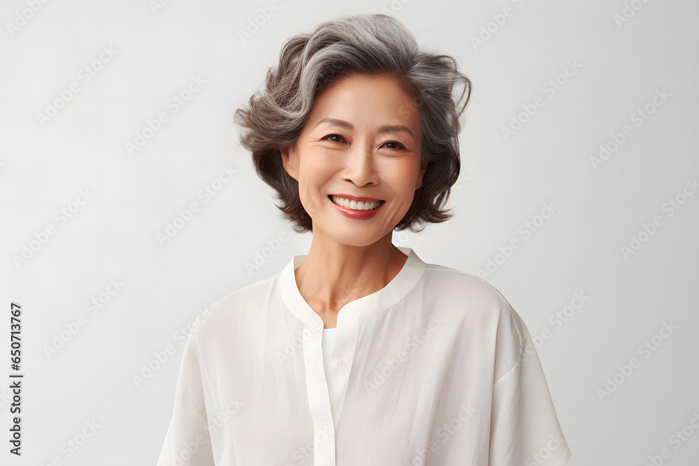 Asian elderly woman in white blouse isolated on light grey background Asian elderly woman in white blouse isolated on light grey background
