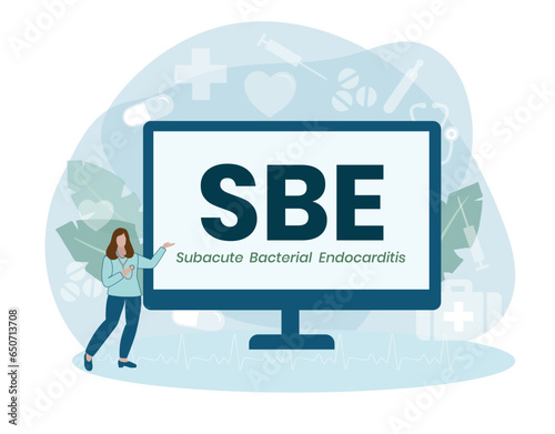 SBE - Subacute Bacterial Endocarditis acronym. medical concept background. vector illustration concept with keywords. lettering illustration with icons for web banner, flyer