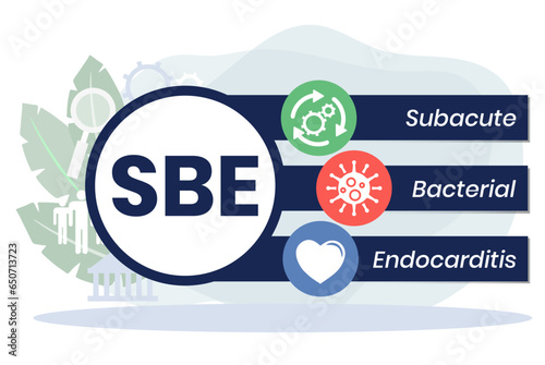 SBE - Subacute Bacterial Endocarditis acronym. medical concept background. vector illustration concept with keywords. lettering illustration with icons for web banner, flyer