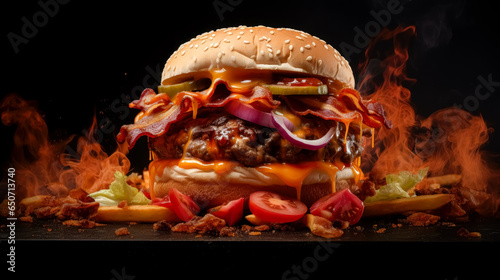 Burger with lettuce, tomatoes, and onions in a black background.