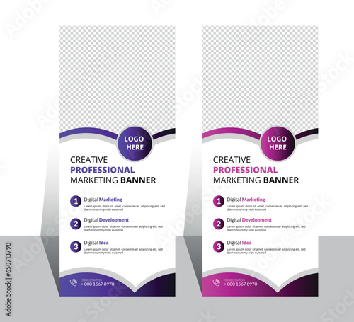 professional simple rollup banner business flyer, display, x-banner, Set with two colos photo
