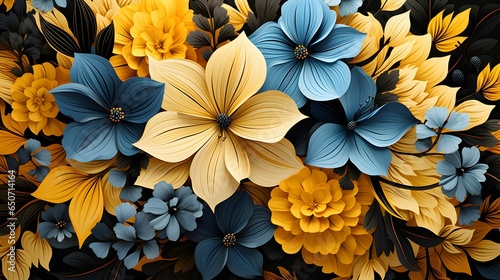 yellow and blue flowers on black background