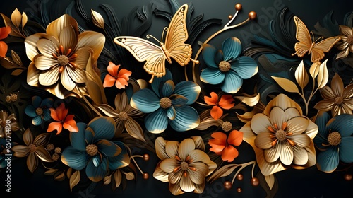flowers and golden butterflies