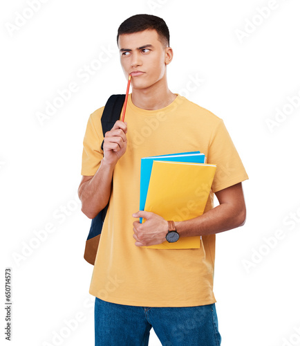 Foto Thinking, education and man with an idea for school, exam or learning knowledge for college