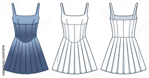 Pleated Dress technical fashion Illustration, blue design. Mini Dress with shoulder straps fashion flat technical drawing template, zip-up, corset, front and back view, white, women CAD mockup set. photo