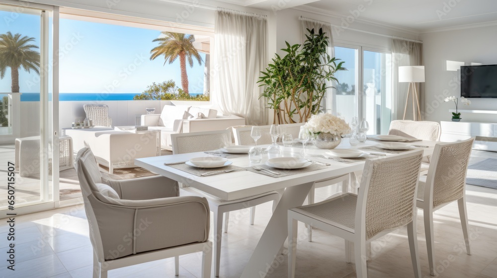 Large dining room in white tones with panoramic windows overlooking the beach