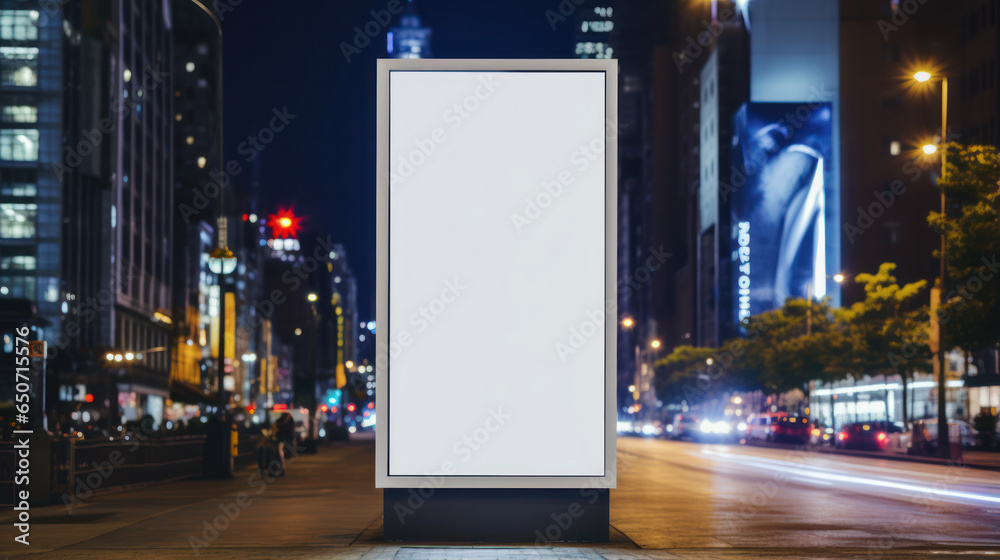 Blank white billboard on bus stop at night, blurred city backdrop with skyscraper & people. Ad mockup.