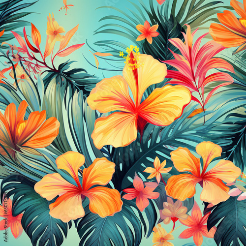 Floral background pattern  tropical leaves and flowers