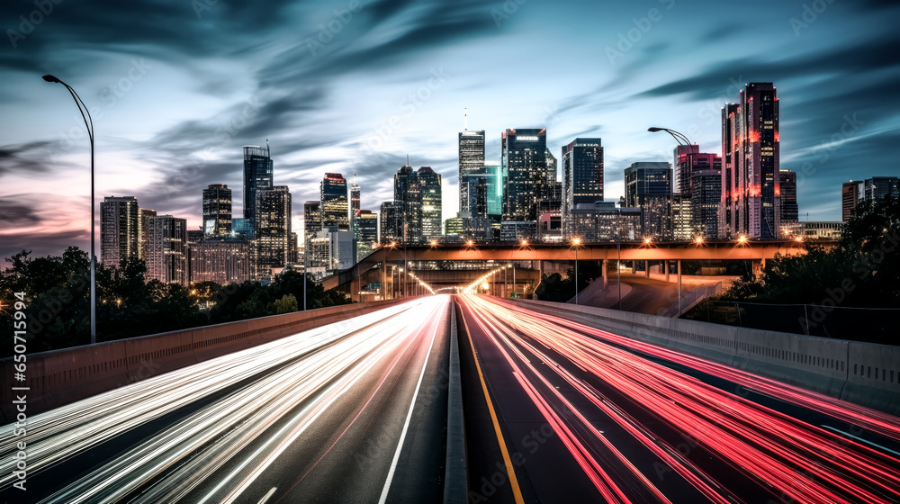 The image shows a bustling urban highway with blurred motion, capturing the fast-paced energy of city life.