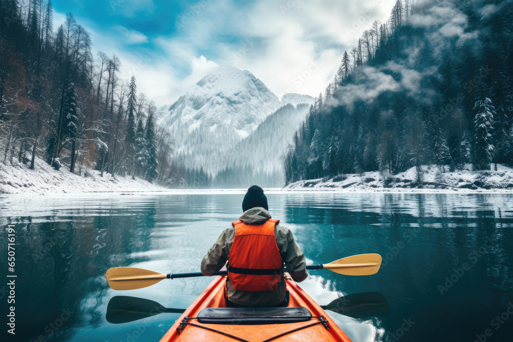 kayak adventure man in a boat on peaceful lake in winter landscape with mountain view