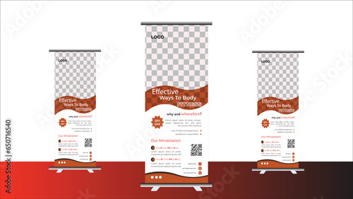 Effective ways to Build your body strong Fitness gym business standee roll up banner design with three color variants red yellow blue vector template