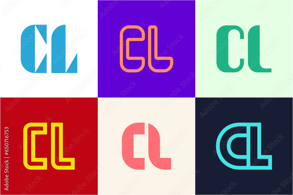 Set of letter CL logos. Abstract logos collection with letters. Geometrical abstract logos Set of letter CL logos. Abstract logos collection with letters. Geometrical abstract logos