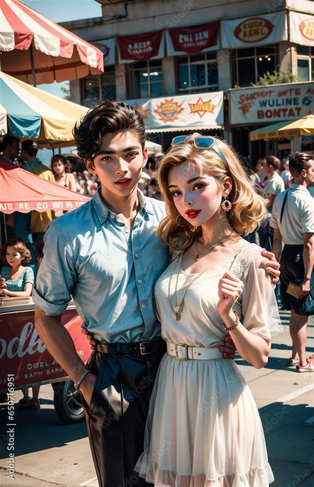 A young beautiful couple from 1950s having fun at a carnival