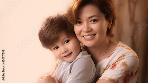 A mother is holding her son with happy face, bright and natural light, Mother and son, parenting