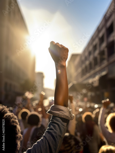 Fototapet African American people in a crowd fighting and protesting in the street with ra