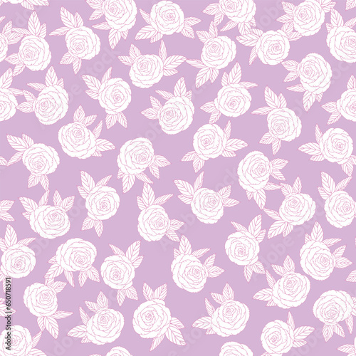 Lavender Background with White Roses and Leaves in Pink Line Art Create this Vector Repeat Seamless Pattern Design