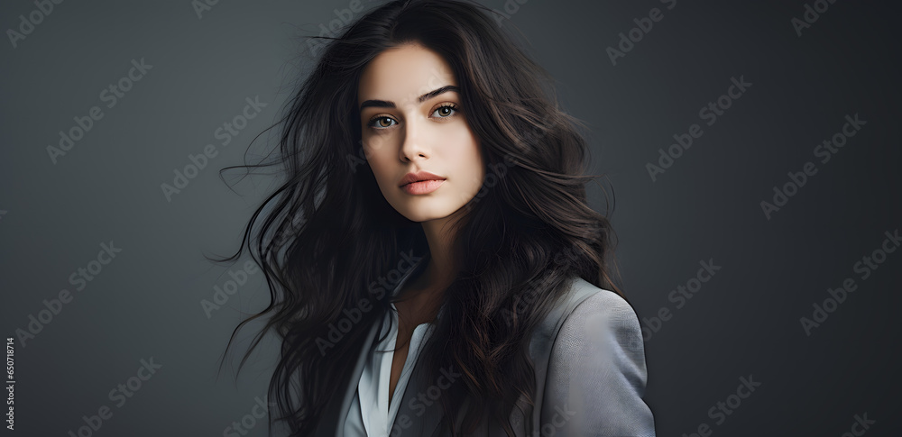 Beautiful young woman with dark long hair portrait isolated on light grey background