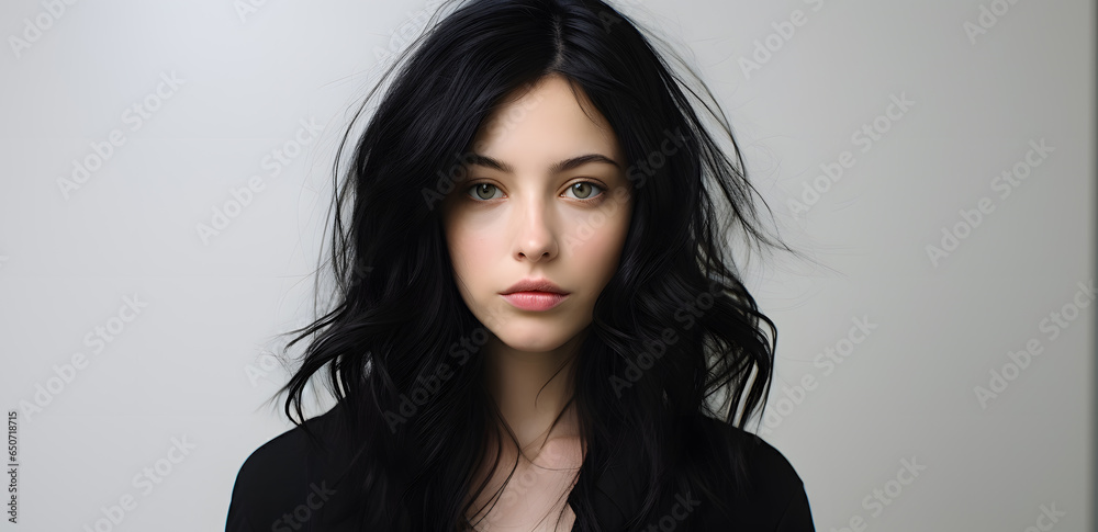 Beautiful young woman with dark long hair portrait isolated on light grey background Beautiful young woman with dark long hair portrait isolated on light grey background