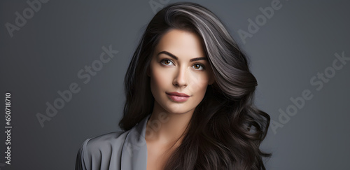 Beautiful young woman with dark long hair portrait isolated on light grey background © Oksana