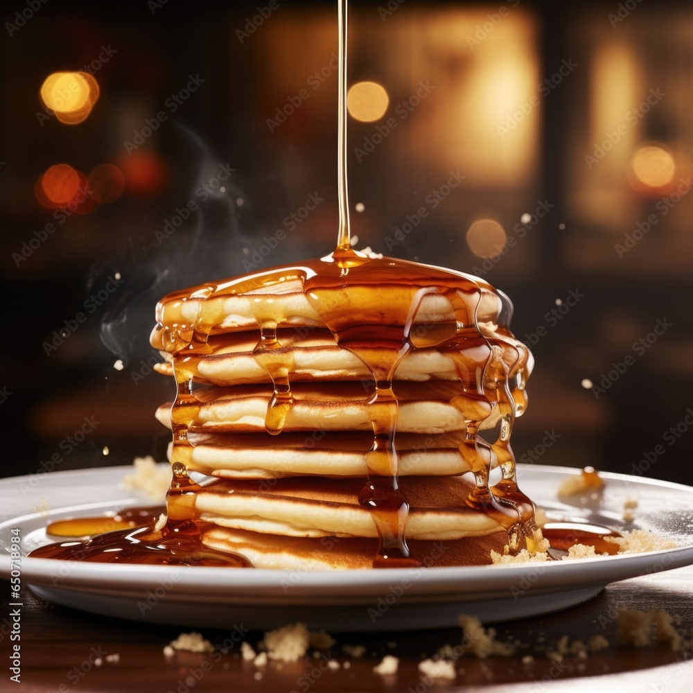 Pancake stack immersed in syrup with splashes and waves - obrazy, fototapety, plakaty 