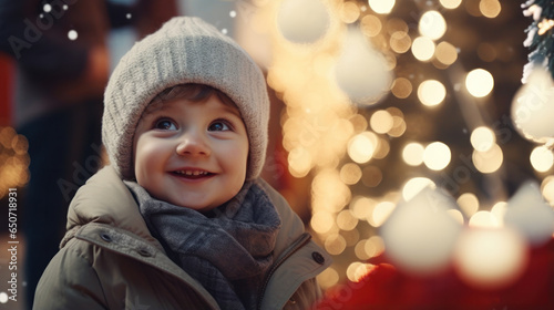 Joyful baby boy at a Christmas market, enchanted by ornaments, festive trees, twinkling lights, candles, and the serene beauty of a white Christmas. Happy holidays.