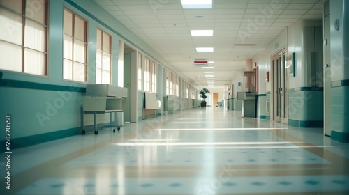 A spacious hallway with tables in a hospital