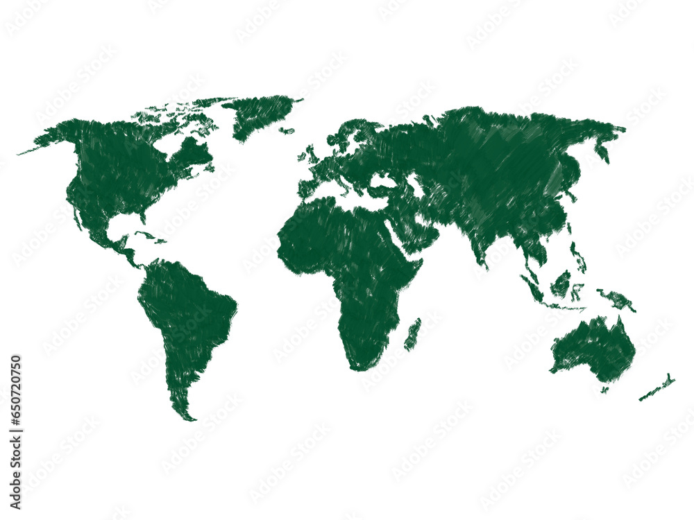 Watercolor painted, hand-drawn world map with a translucent background. environmental concept green investment business Leave a space to enter text.