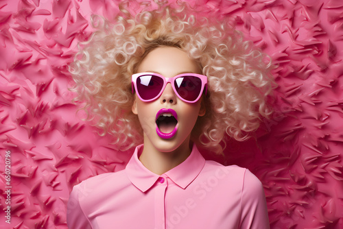 Blonde woman in pink dress and pink sunglasses, in style of playful pop art