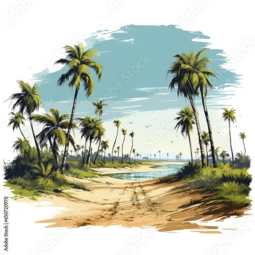 Rustling palm trees line the sandy beach with cartoon style on a white background