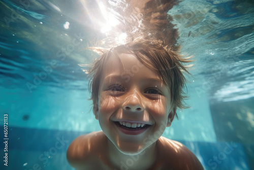Refreshing Plunge: Child Swimming Underwater