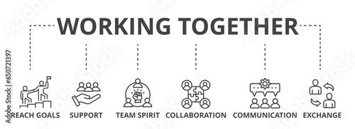 Working together web banner icon vector illustration concept for team management with collaboration, reach goals, team spirit, support, communication, and exchange icon