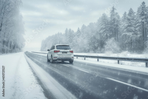 Winter Drive: SUV on Snowy Highway