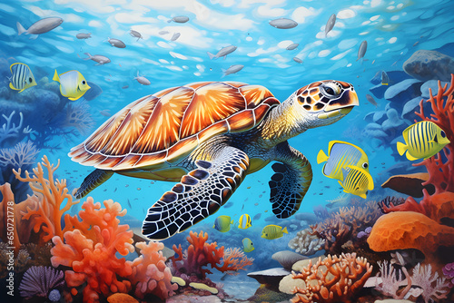 Schildkröte schwimmt durch Korallenriff umgeben von bunten Fischen