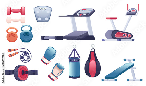 Big collection of fitness gym tools and accessory training apparatus, boxing gloves,treadmill,barbells and others simple cartoon design vector illustration isolated on white background