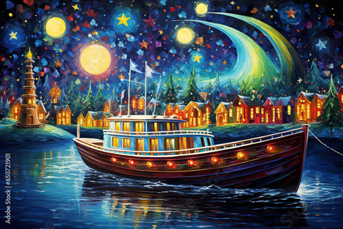 beautiful colorful abstract art, painting of a boat with christmas trees and a village in the background