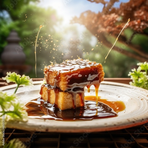 Tofu block dipped in teriyaki sauce with splashes and waves