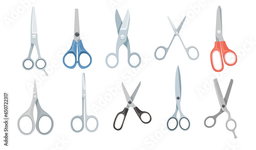Set of different scissors models cutter tools simple cartoon design vector illustration isolated on white background