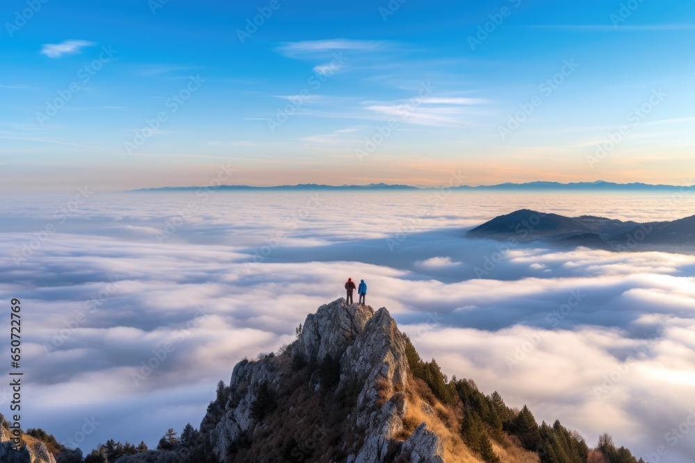 Two people standing on a mountain peak above the clouds