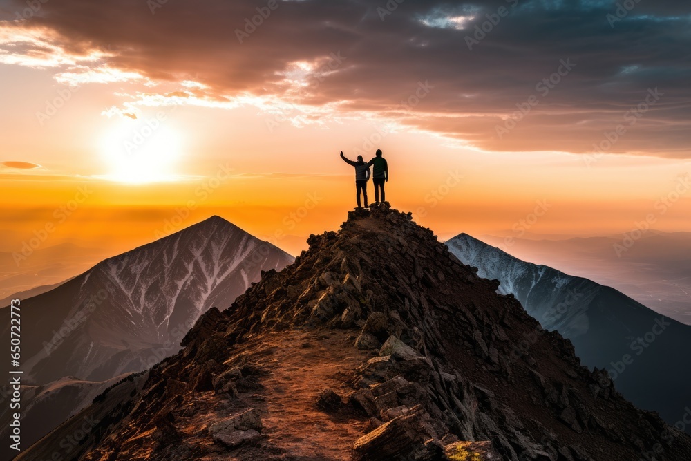 A couple standing on the summit of a majestic mountain