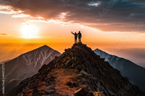 A couple standing on the summit of a majestic mountain © Virginie Verglas